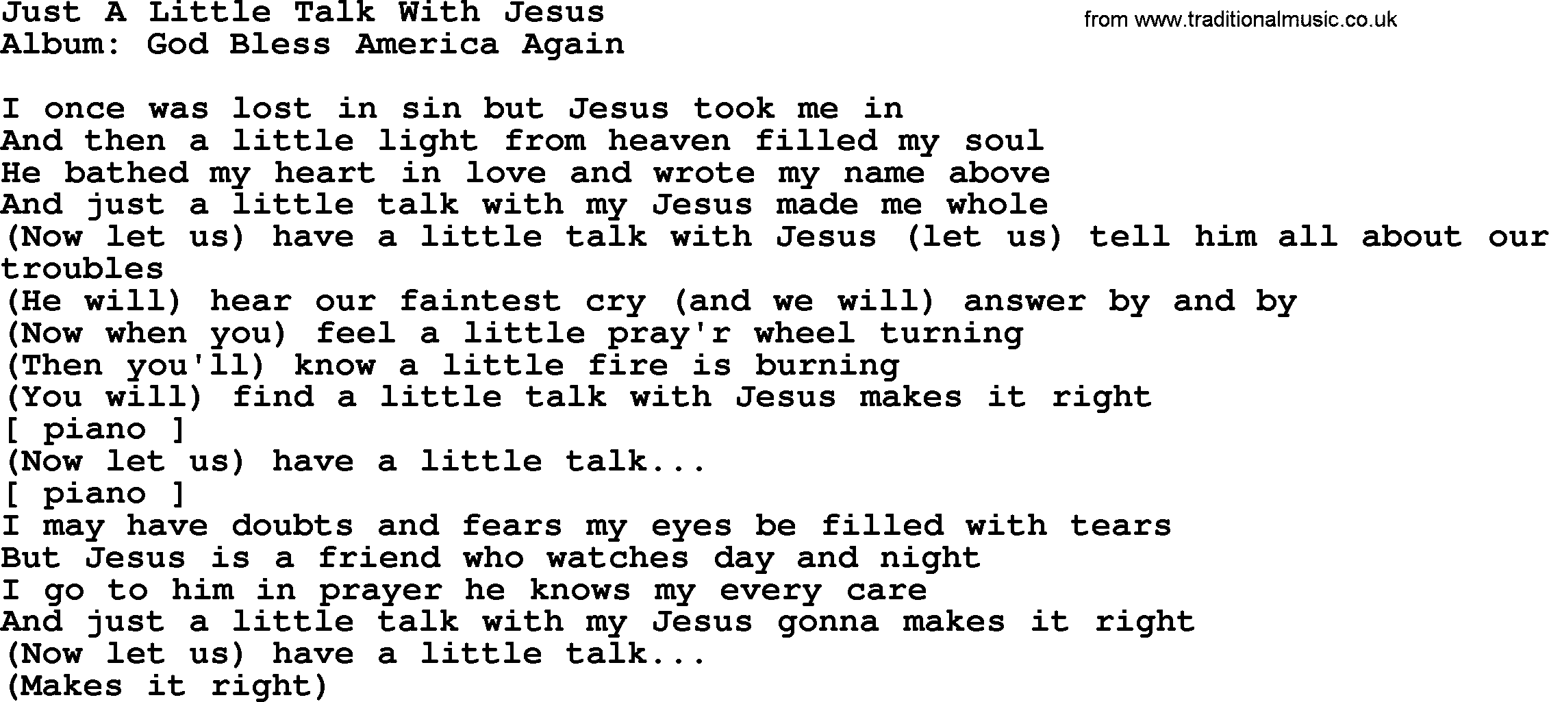 Loretta Lynn song: Just A Little Talk With Jesus lyrics