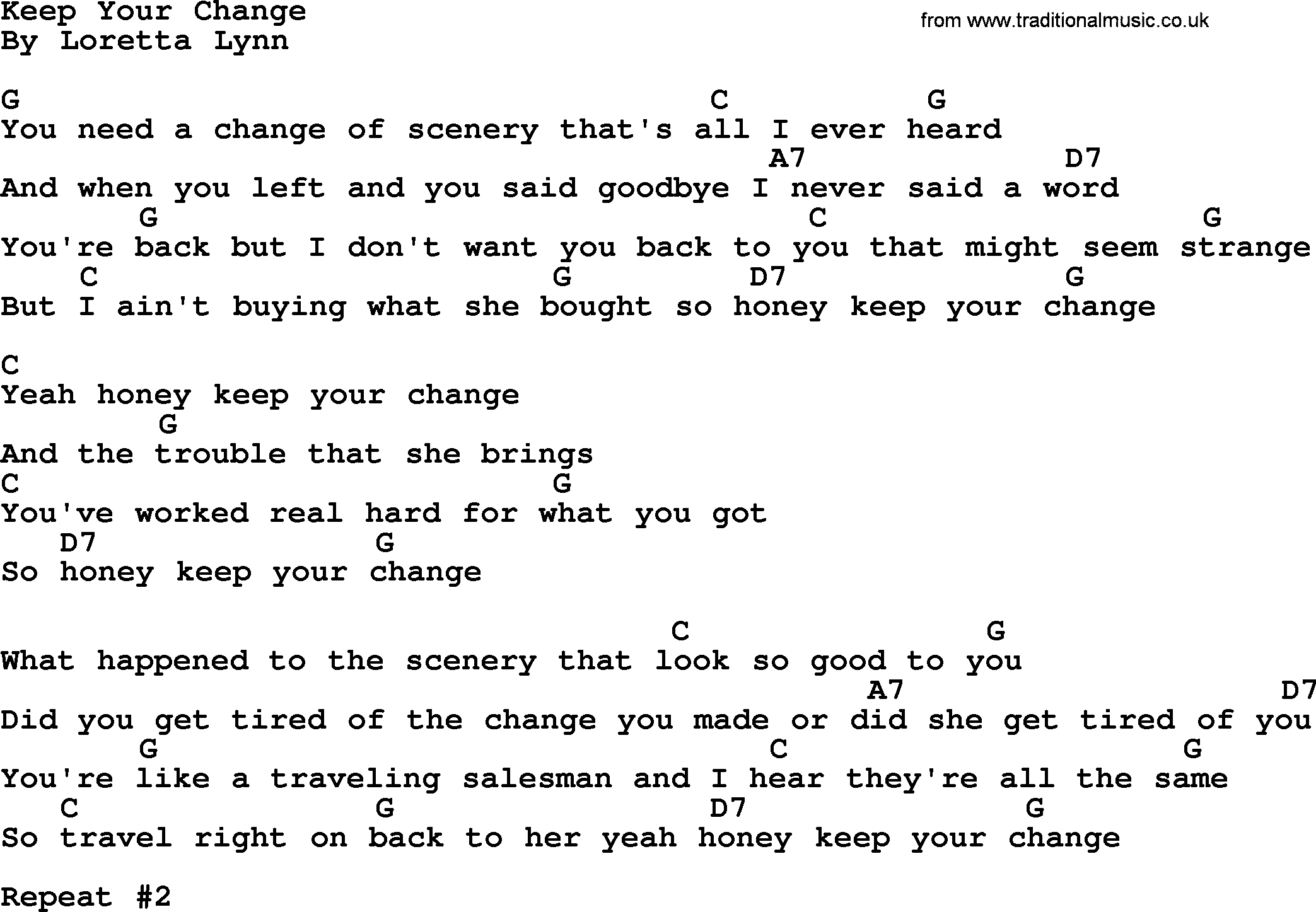 Loretta Lynn song: Keep Your Change lyrics and chords
