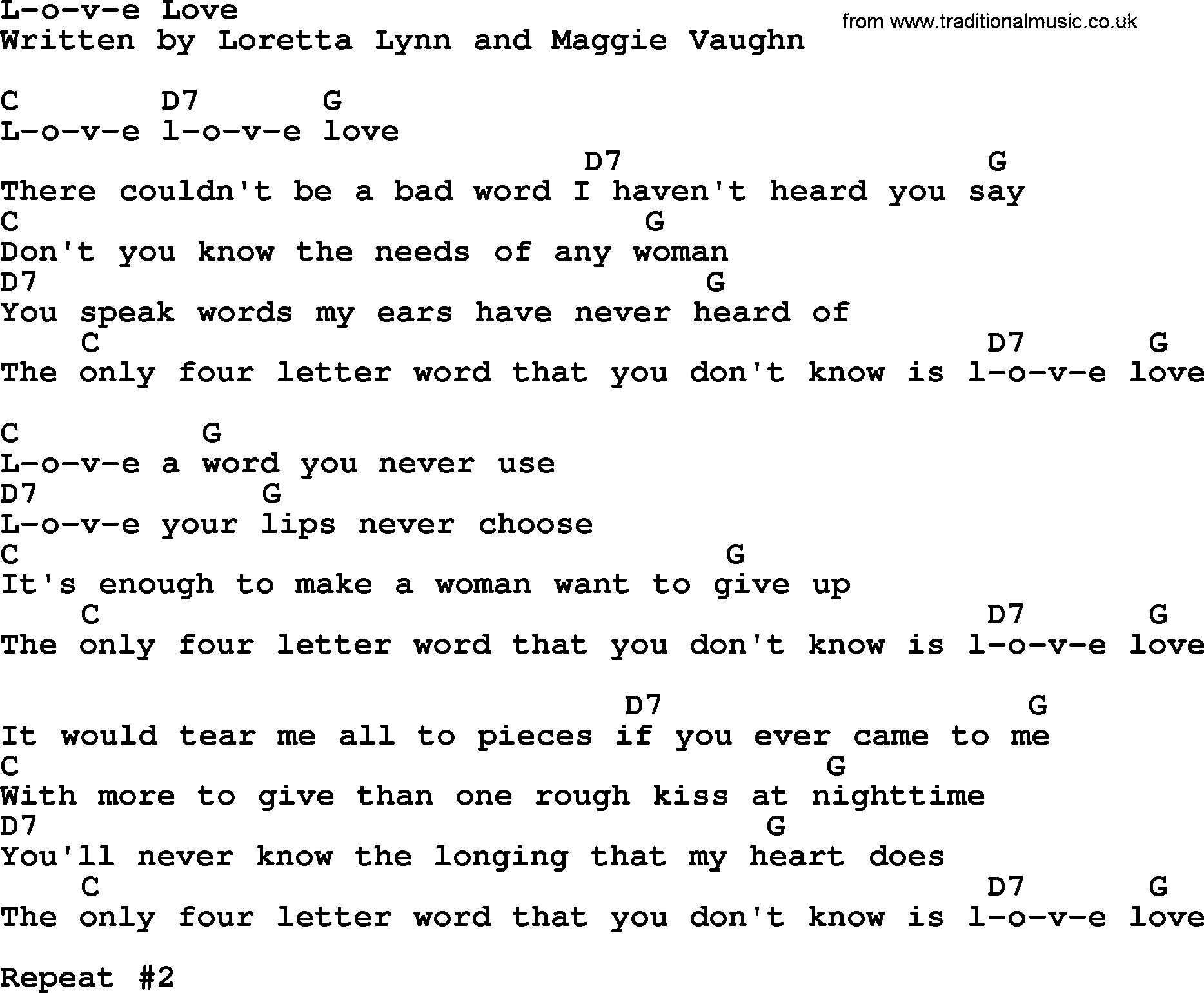 Loretta Lynn song: L-o-v-e Love lyrics and chords
