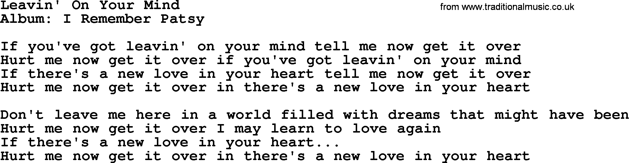 Loretta Lynn song: Leavin' On Your Mind lyrics