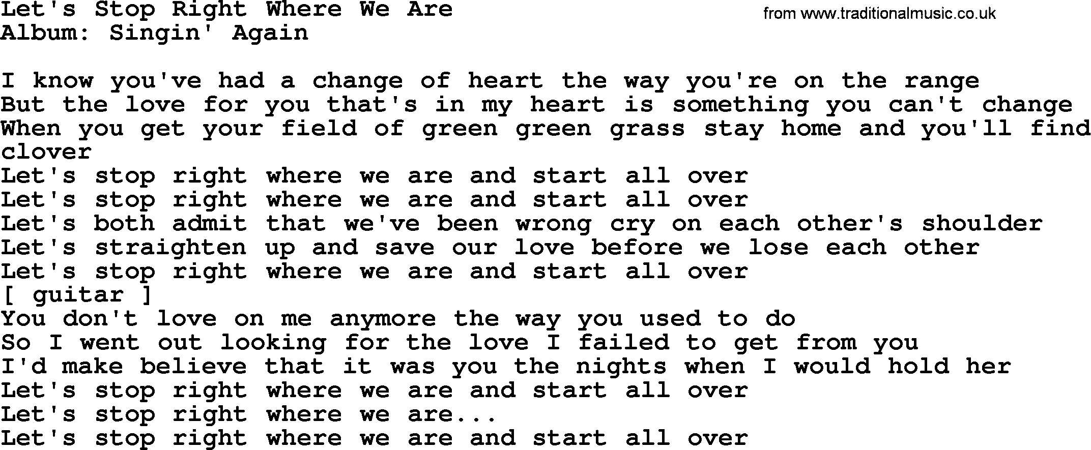 Loretta Lynn song: Let's Stop Right Where We Are lyrics