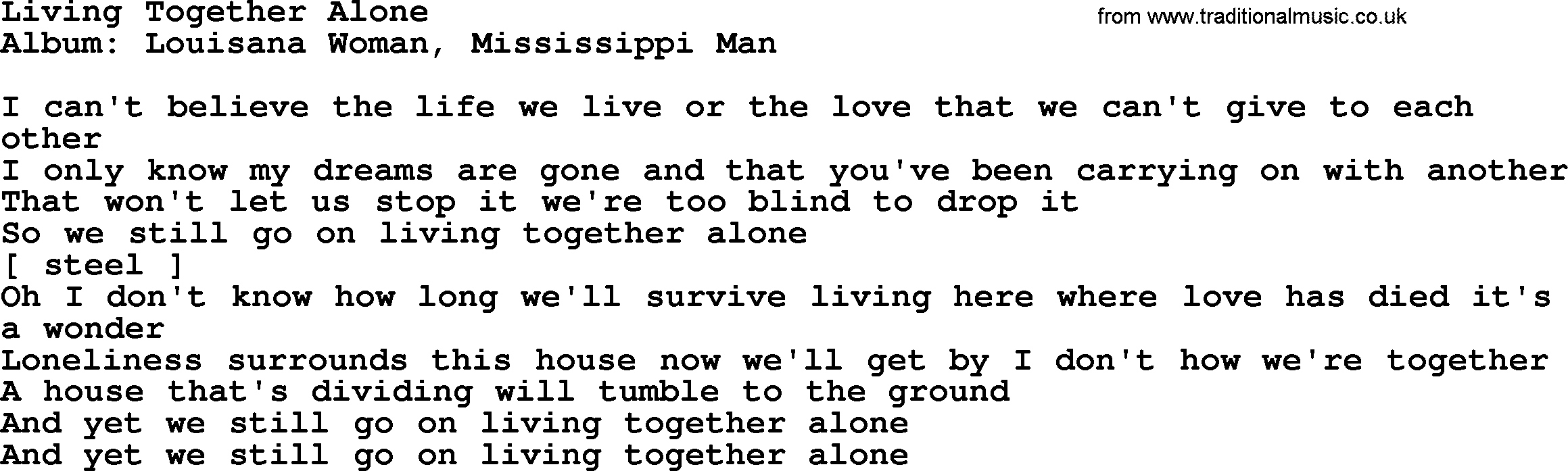 Loretta Lynn song: Living Together Alone lyrics