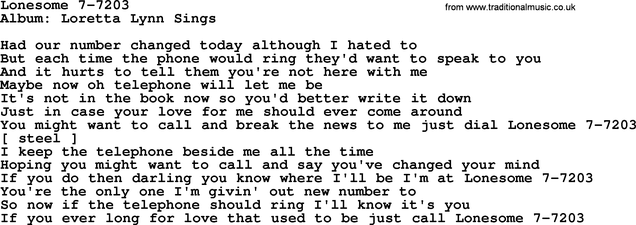 Loretta Lynn song: Lonesome 7-7203 lyrics