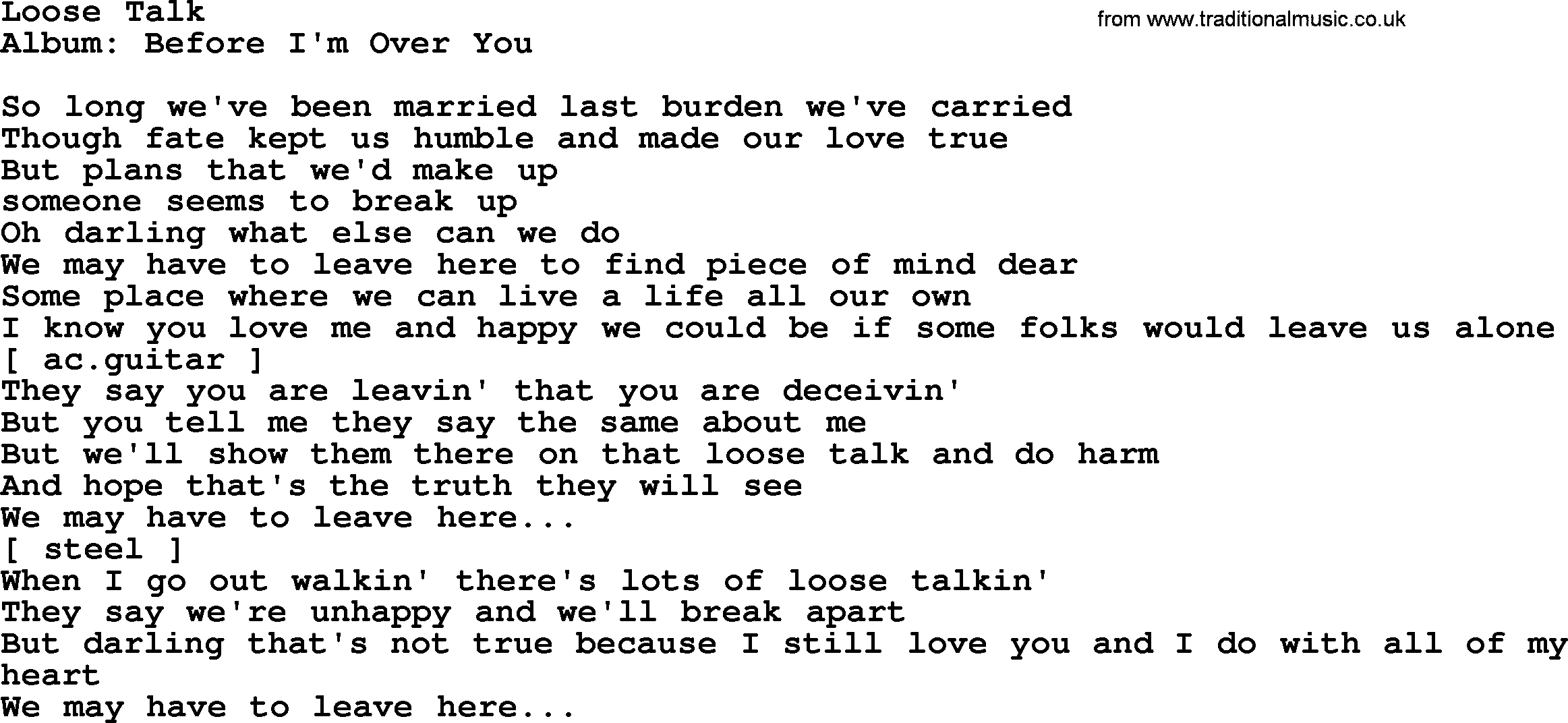 Loretta Lynn song: Loose Talk lyrics