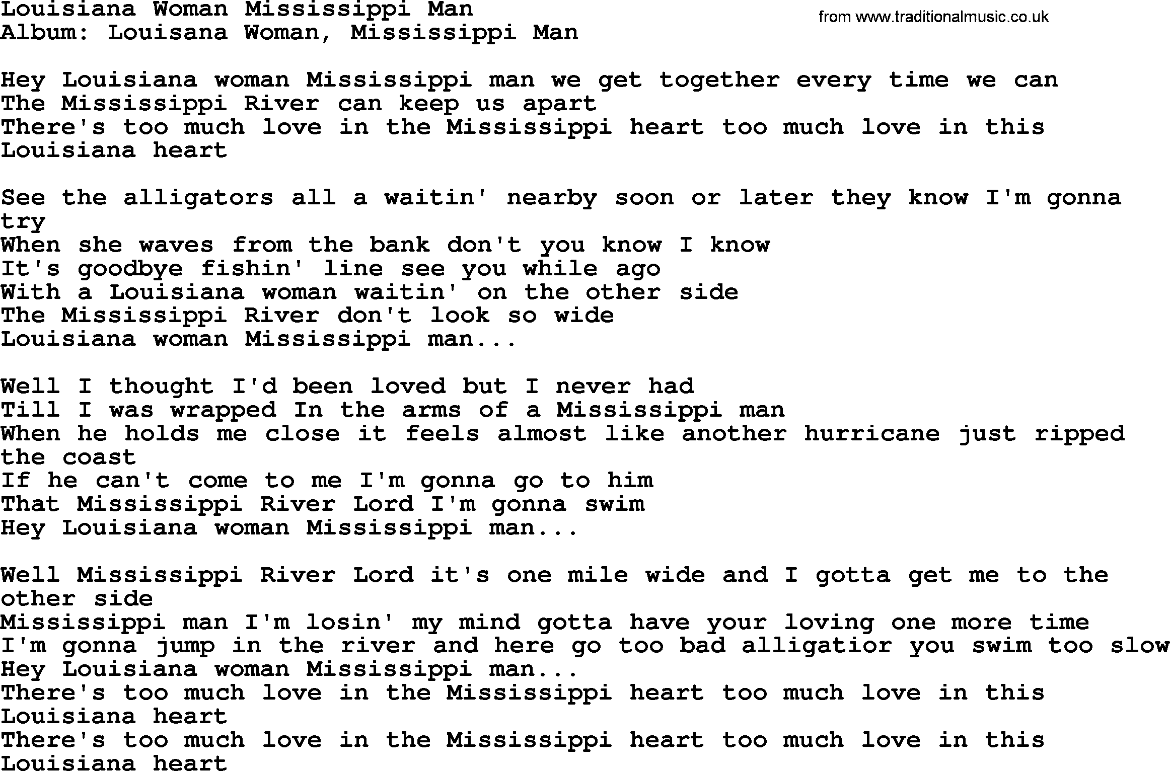 Loretta Lynn song: Louisiana Woman Mississippi Man lyrics