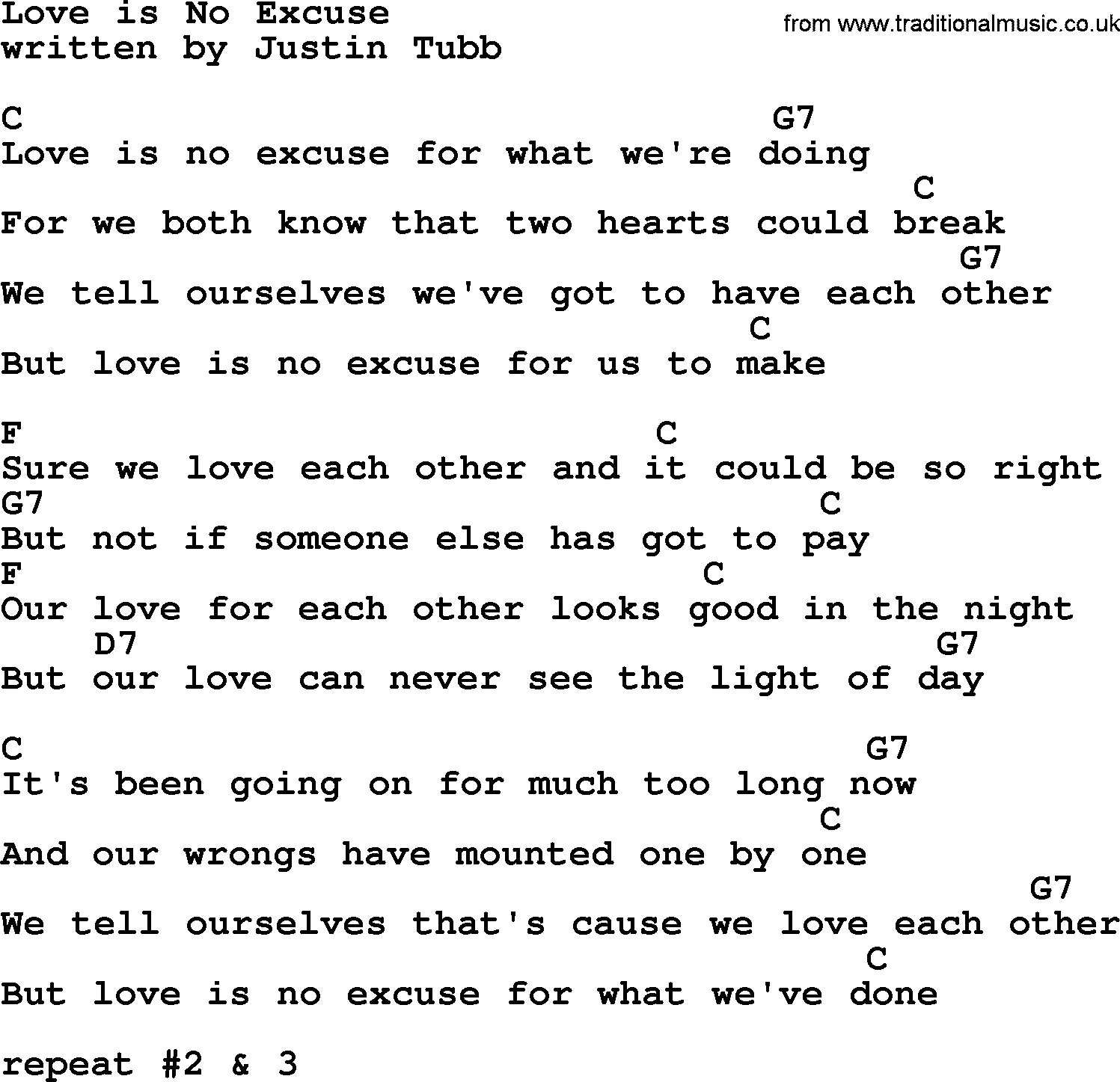 Loretta Lynn song: Love Is No Excuse lyrics and chords