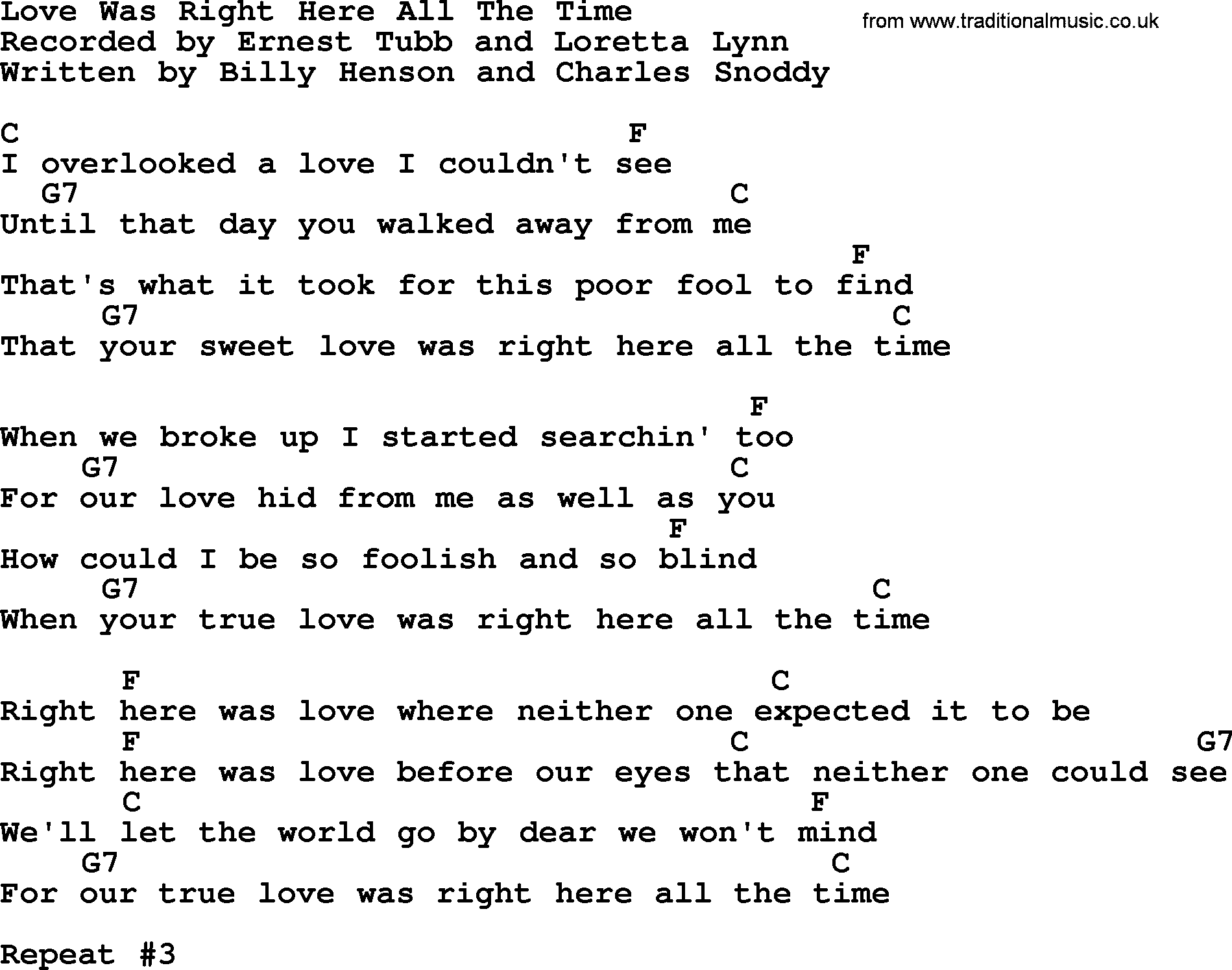 Loretta Lynn song: Love Was Right Here All The Time lyrics and chords
