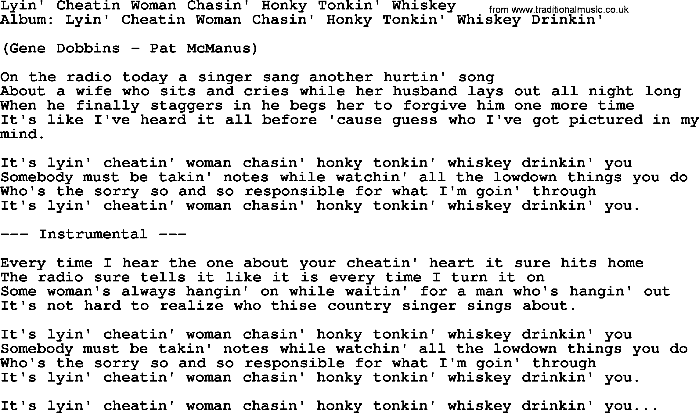 Loretta Lynn song: Lyin' Cheatin Woman Chasin' Honky Tonkin' Whiskey lyrics