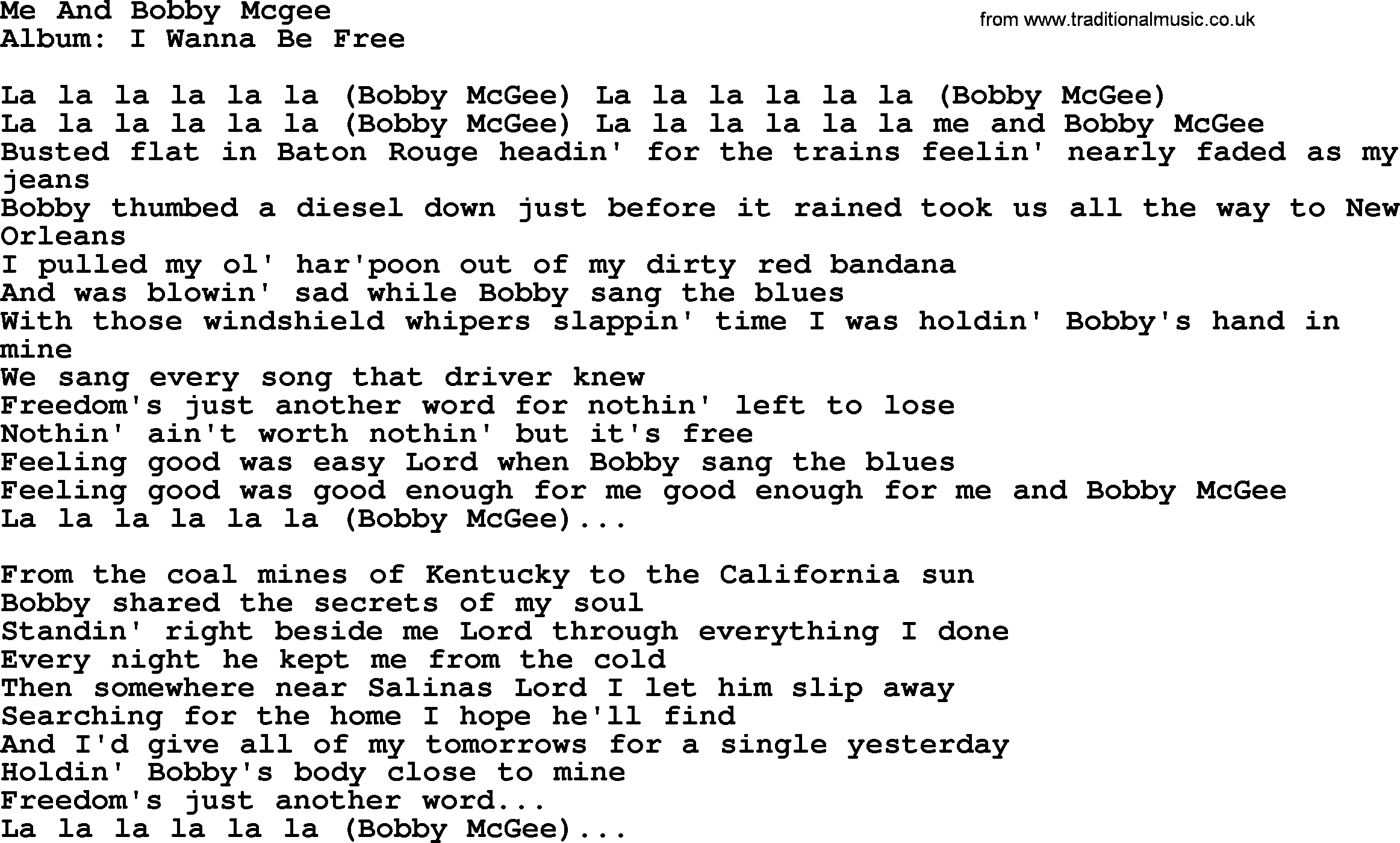 Loretta Lynn song: Me And Bobby Mcgee lyrics