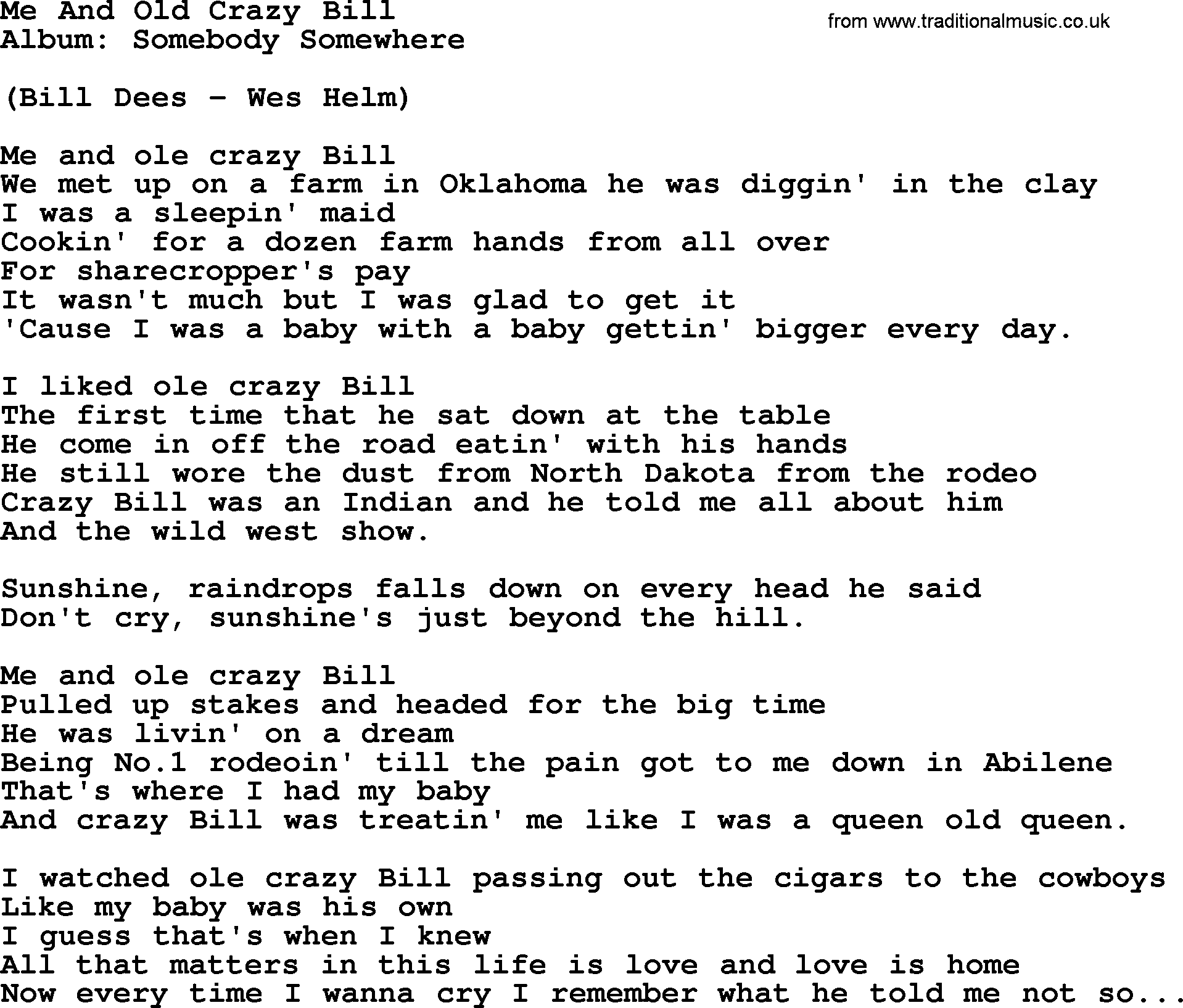 Loretta Lynn song: Me And Old Crazy Bill lyrics