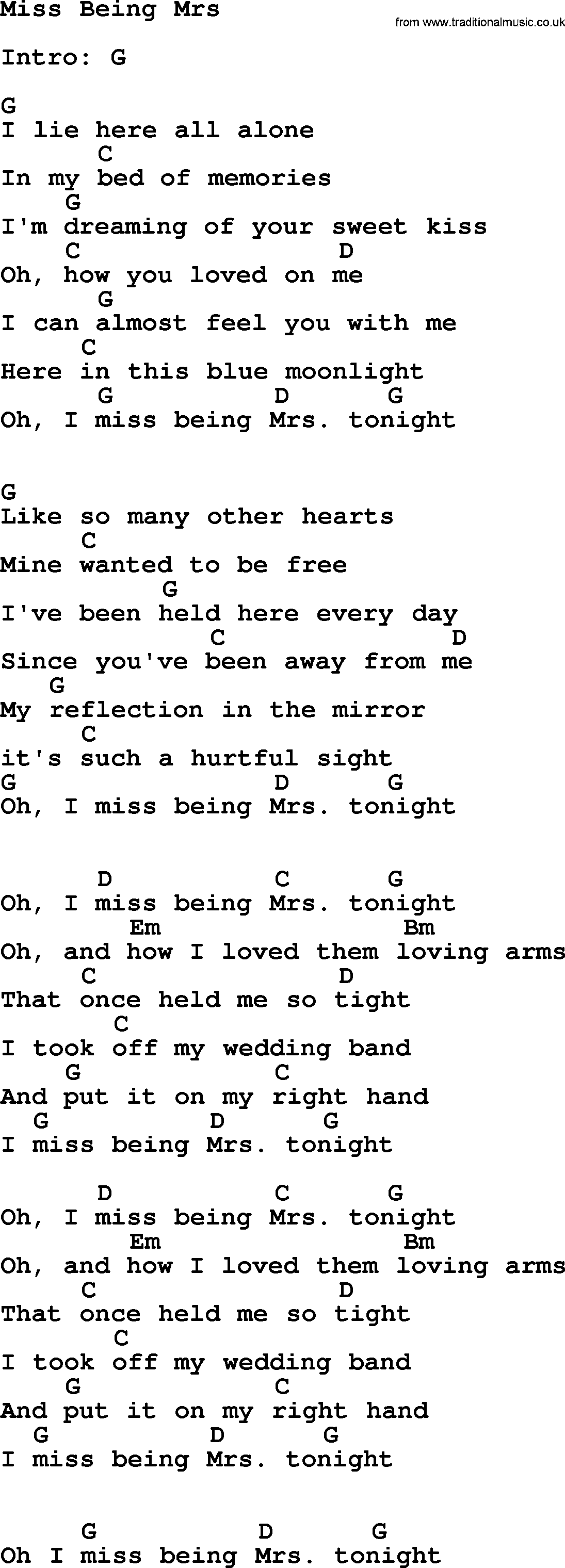 Loretta Lynn song: Miss Being Mrs lyrics and chords