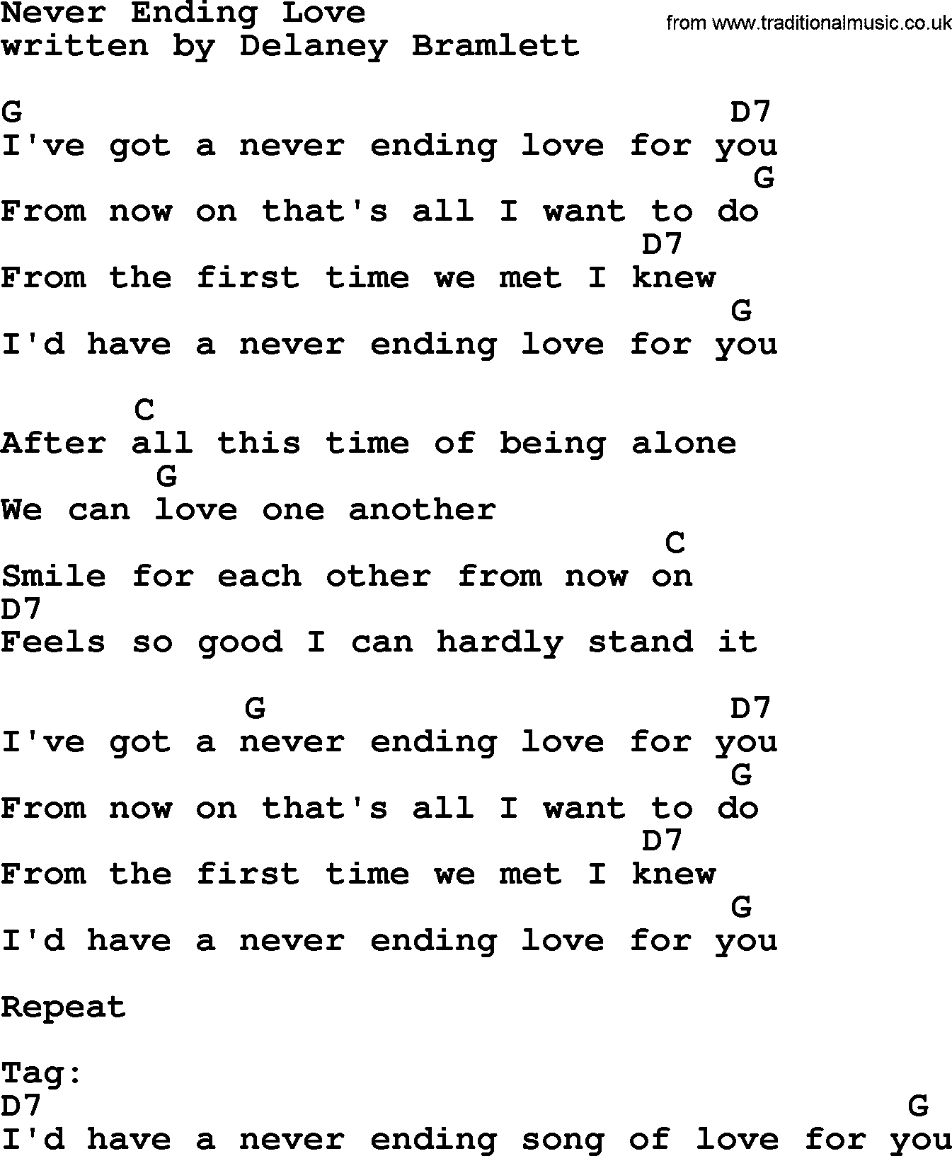Loretta Lynn song: Never Ending Love lyrics and chords