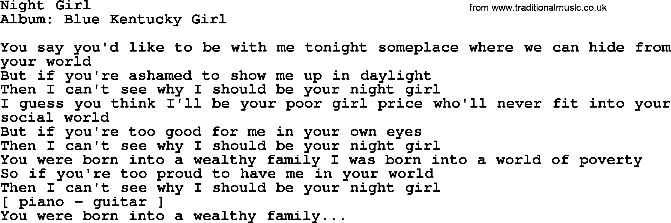 Loretta Lynn song: Night Girl lyrics