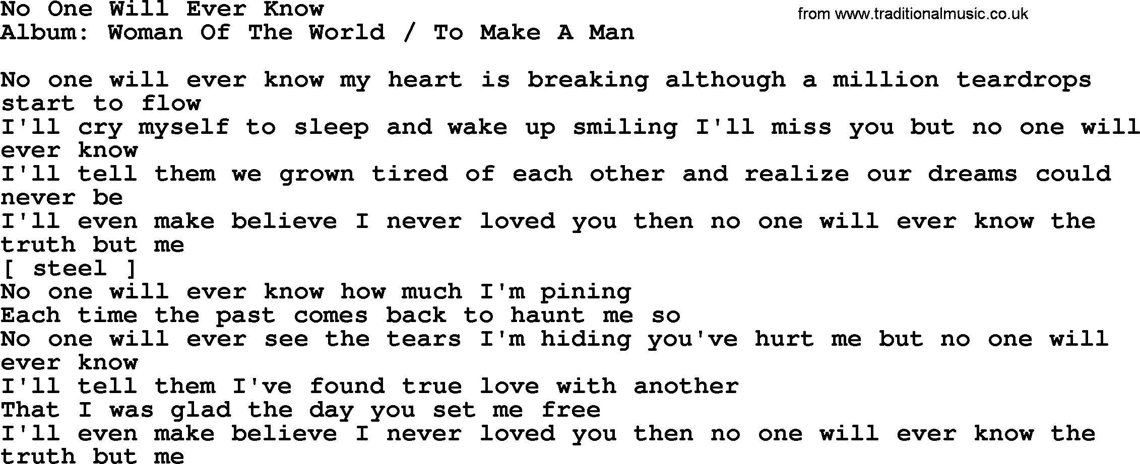 Loretta Lynn song: No One Will Ever Know lyrics