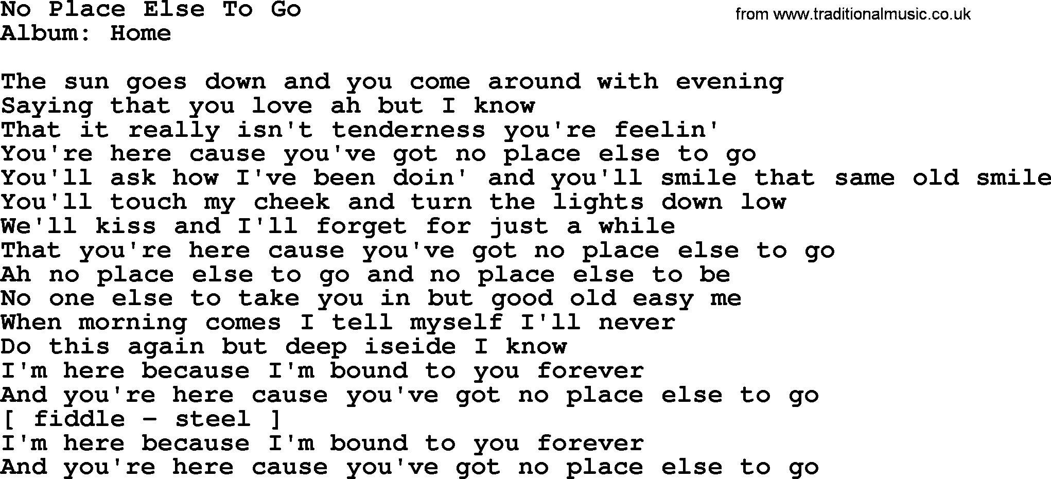 Loretta Lynn song: No Place Else To Go lyrics