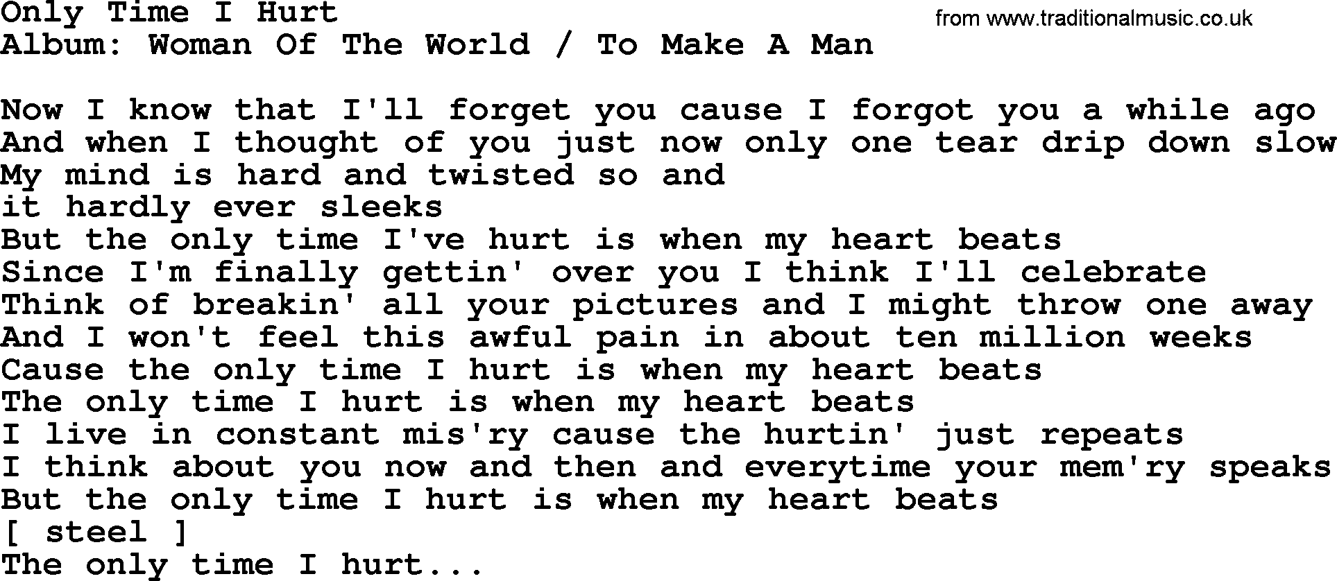Loretta Lynn song: Only Time I Hurt lyrics