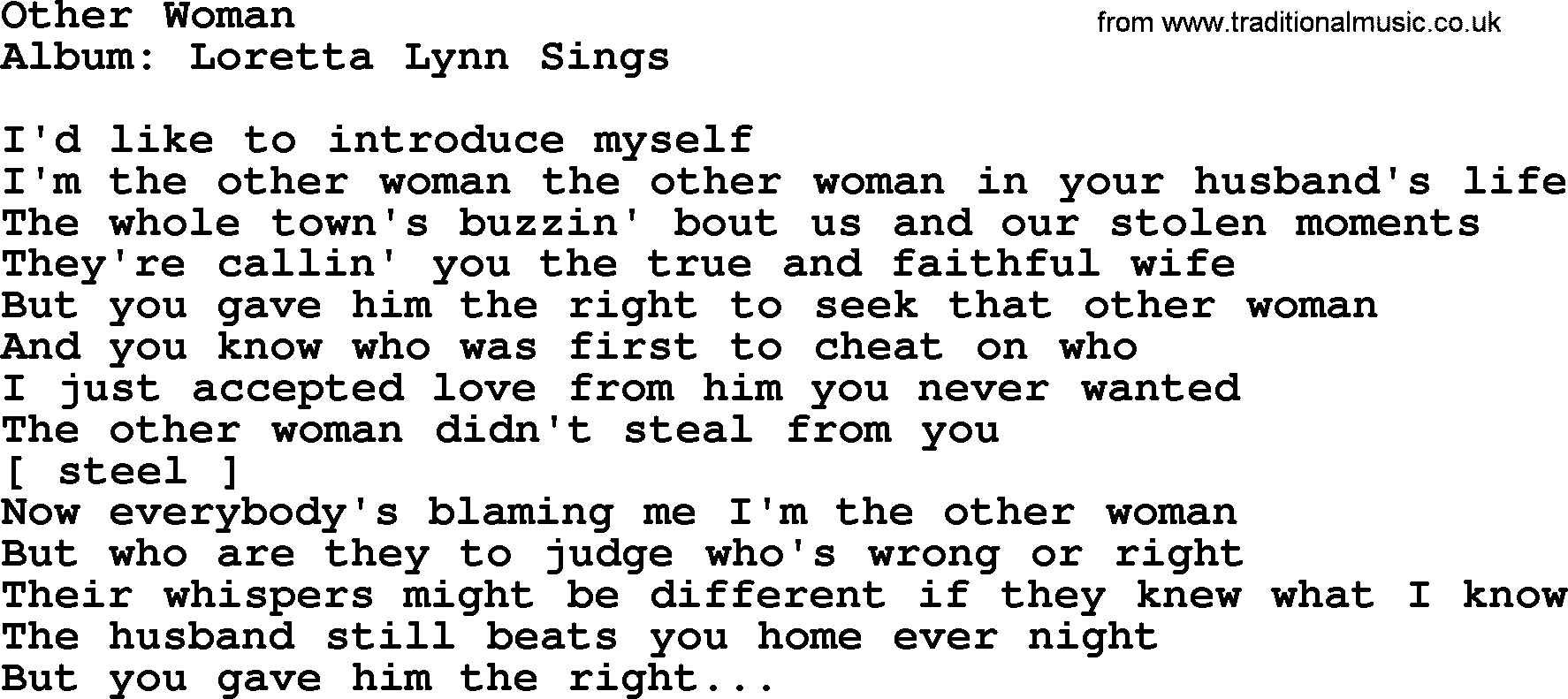Loretta Lynn song: Other Woman lyrics
