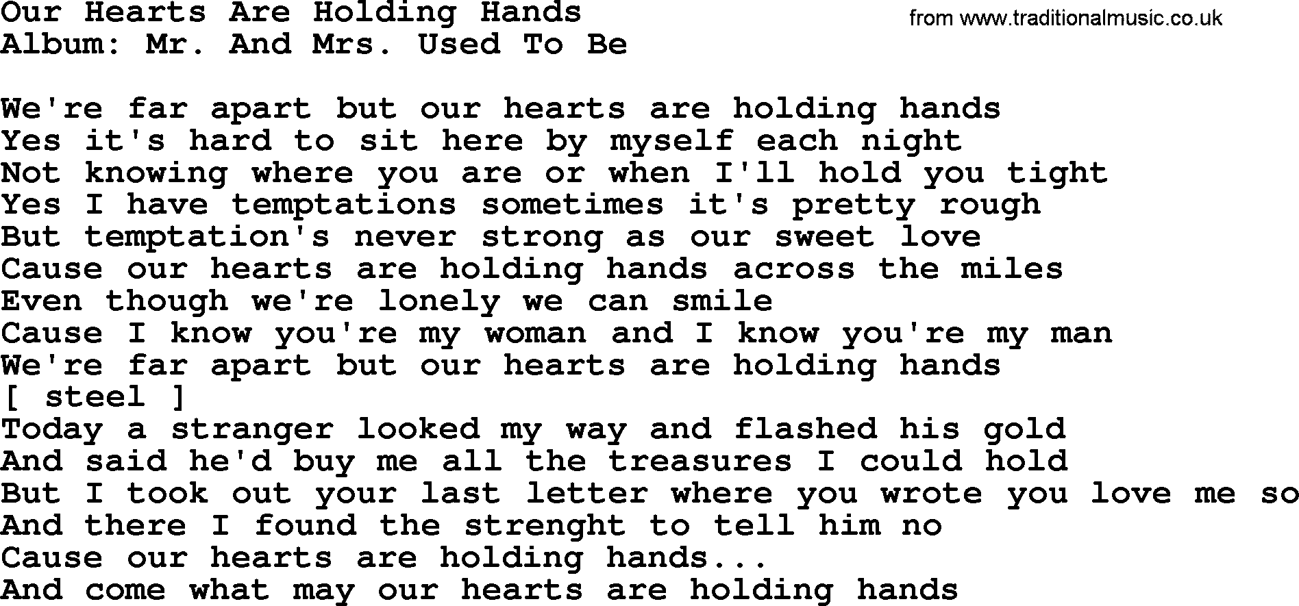 Loretta Lynn song: Our Hearts Are Holding Hands lyrics