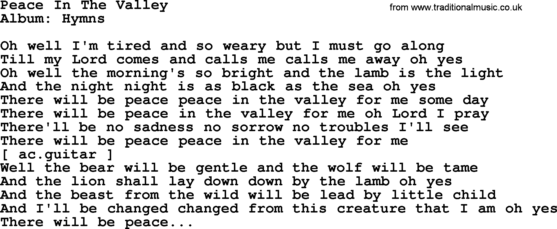 Loretta Lynn song: Peace In The Valley lyrics