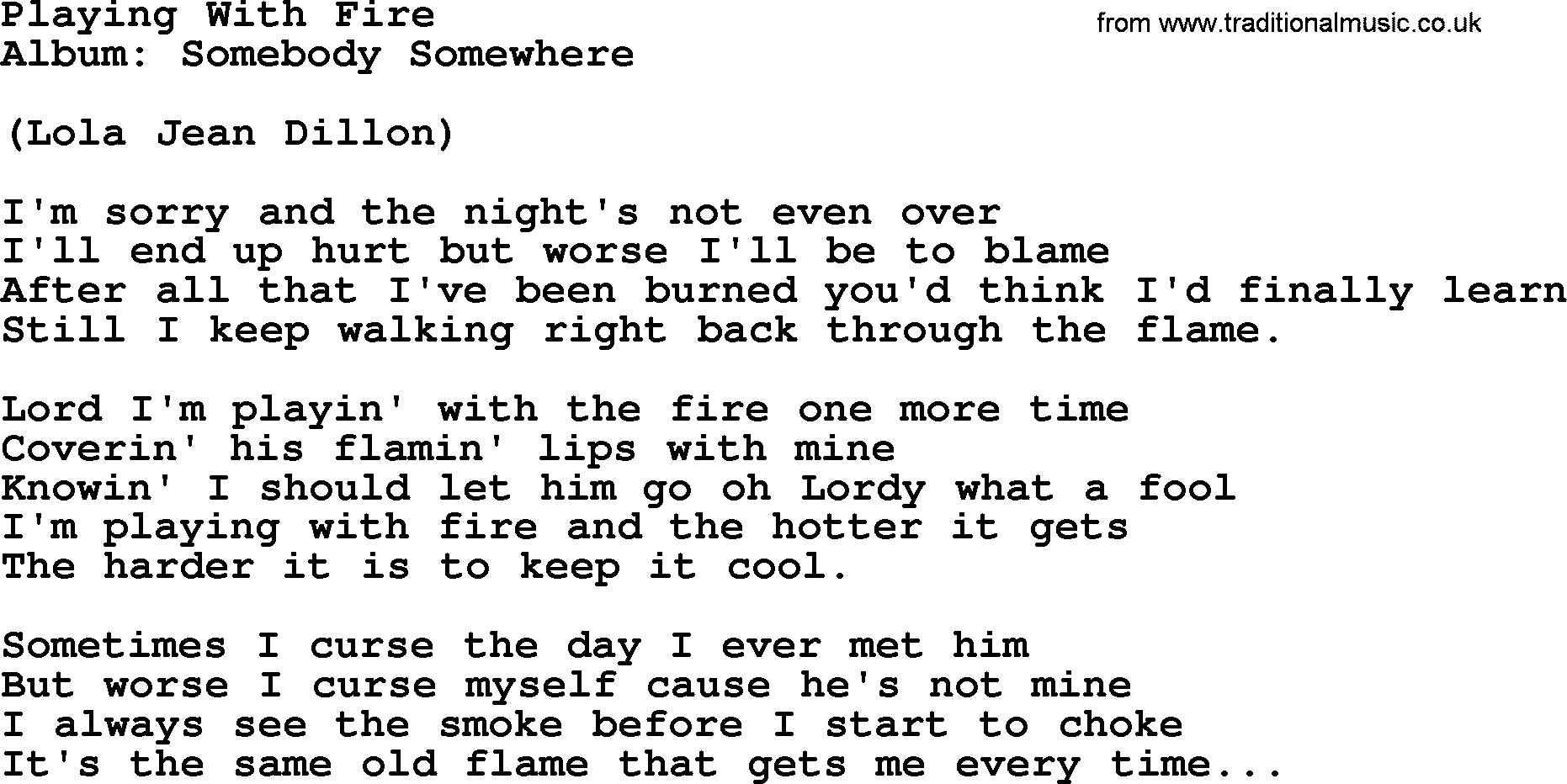 Loretta Lynn song: Playing With Fire lyrics