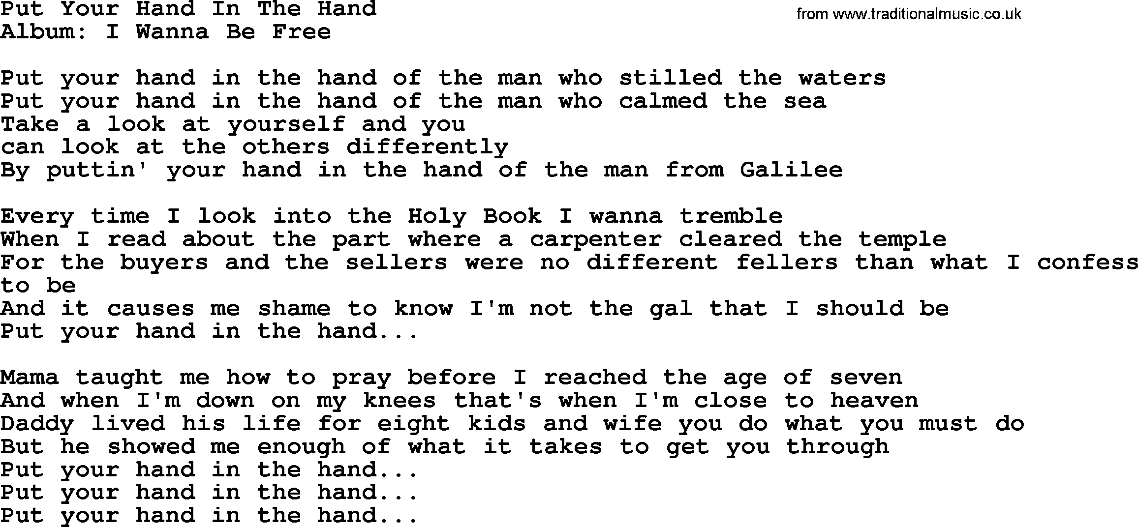 Loretta Lynn song: Put Your Hand In The Hand lyrics
