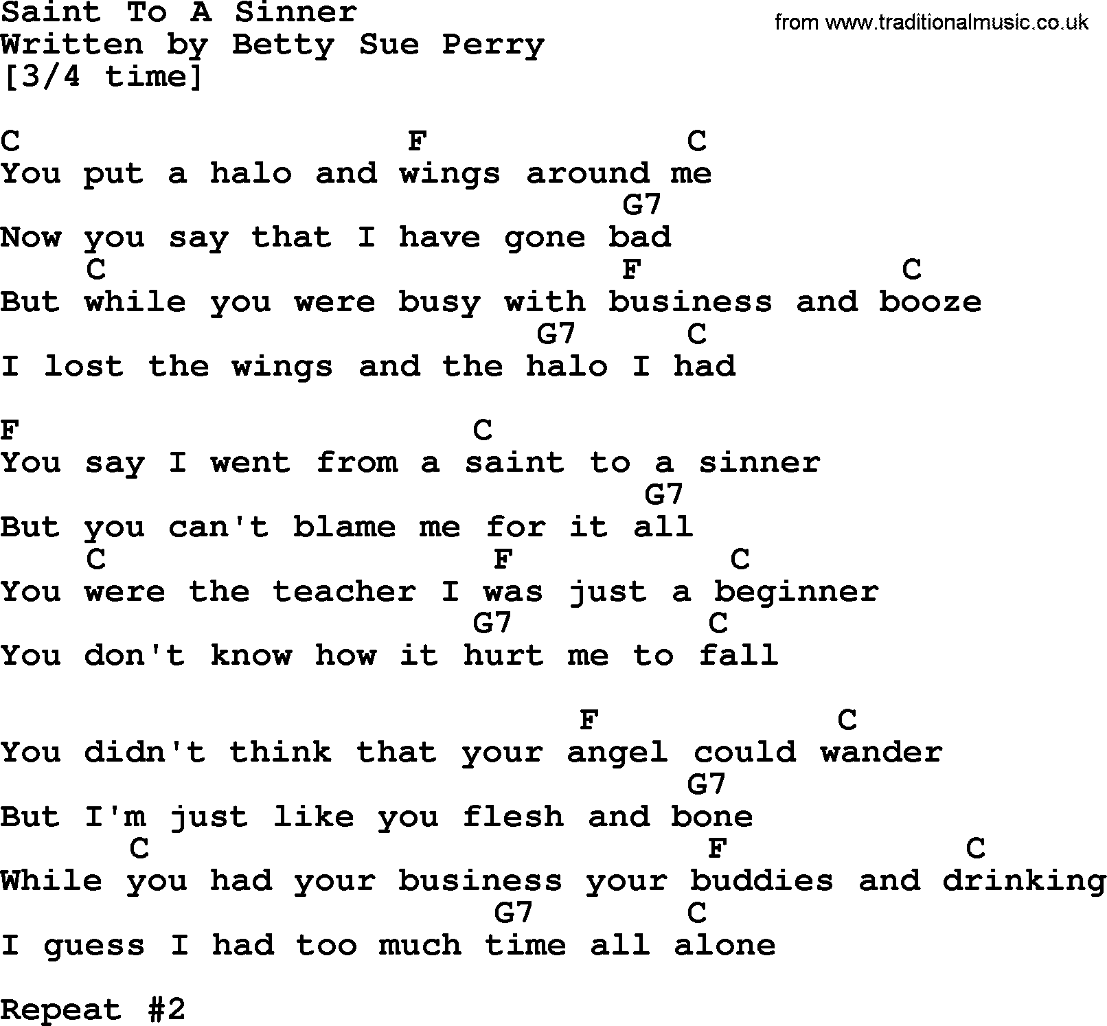 Loretta Lynn song: Saint To A Sinner lyrics and chords