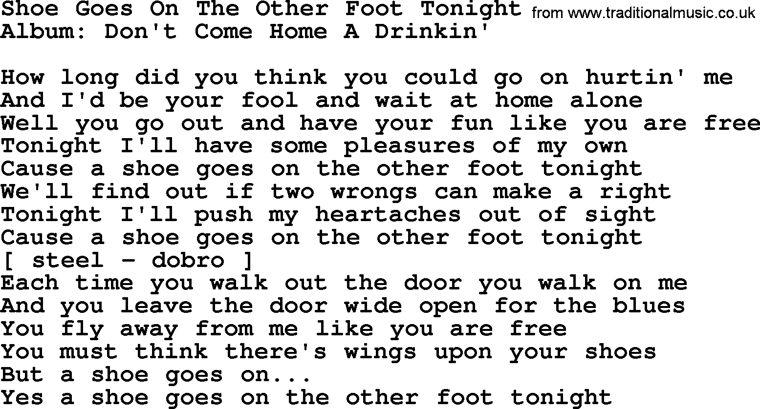 Loretta Lynn song: Shoe Goes On The Other Foot Tonight lyrics