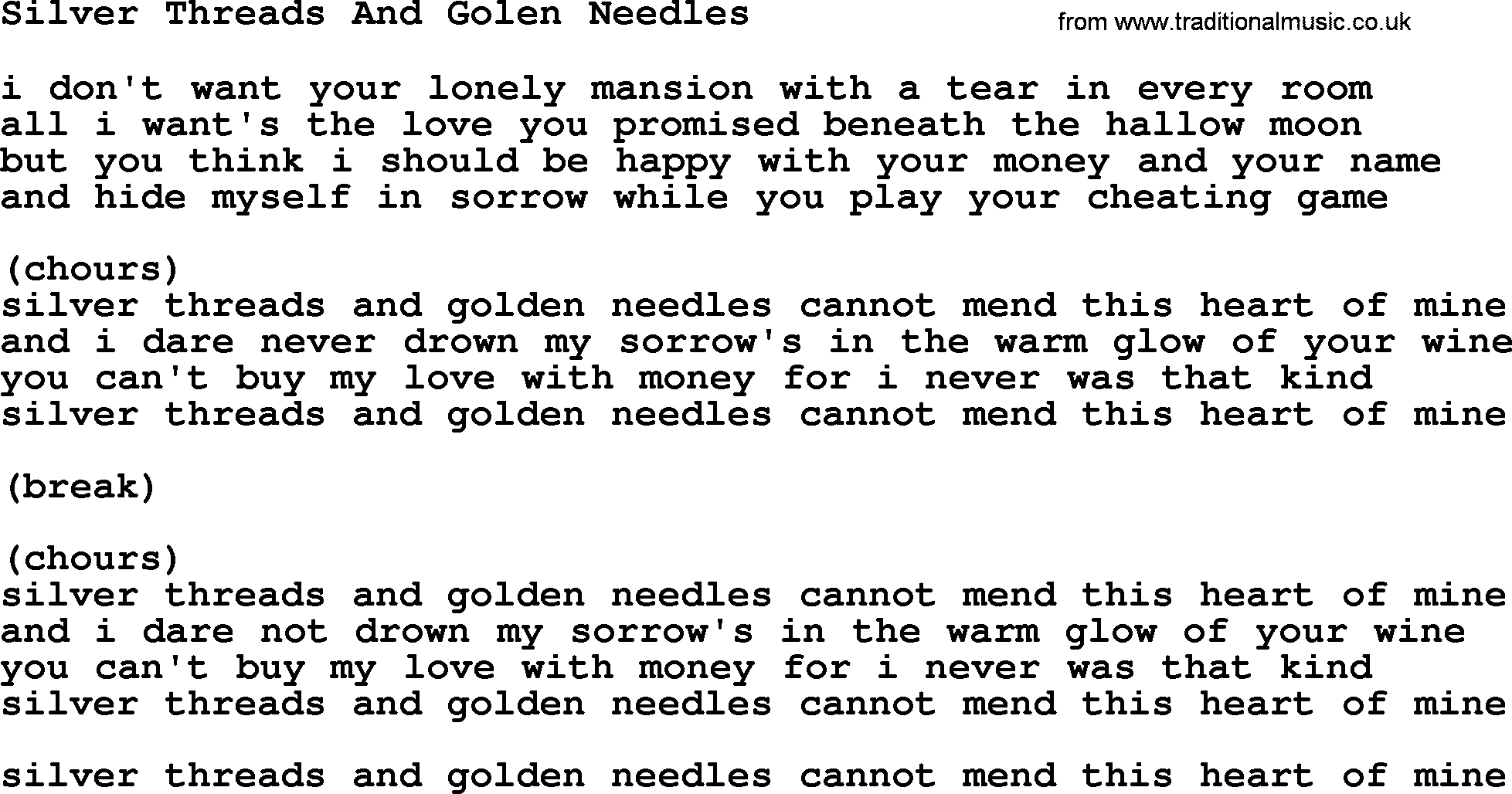 Loretta Lynn song: Silver Threads And Golen Needles lyrics