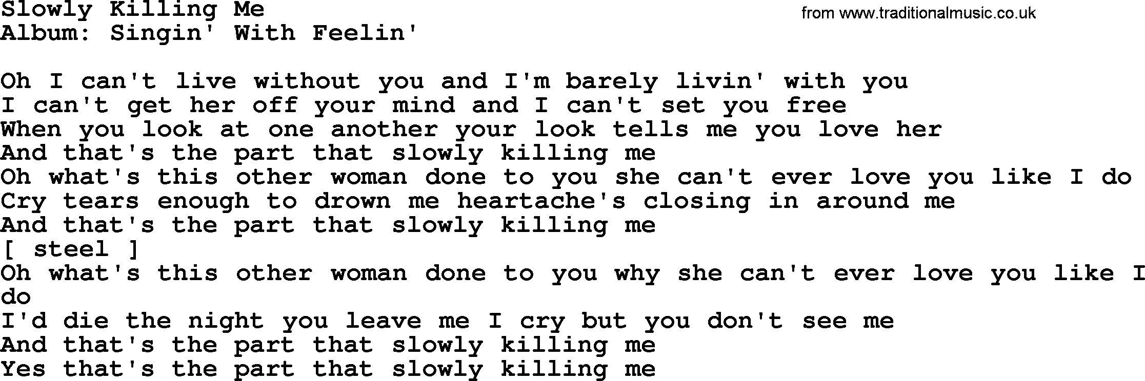 Loretta Lynn song: Slowly Killing Me lyrics