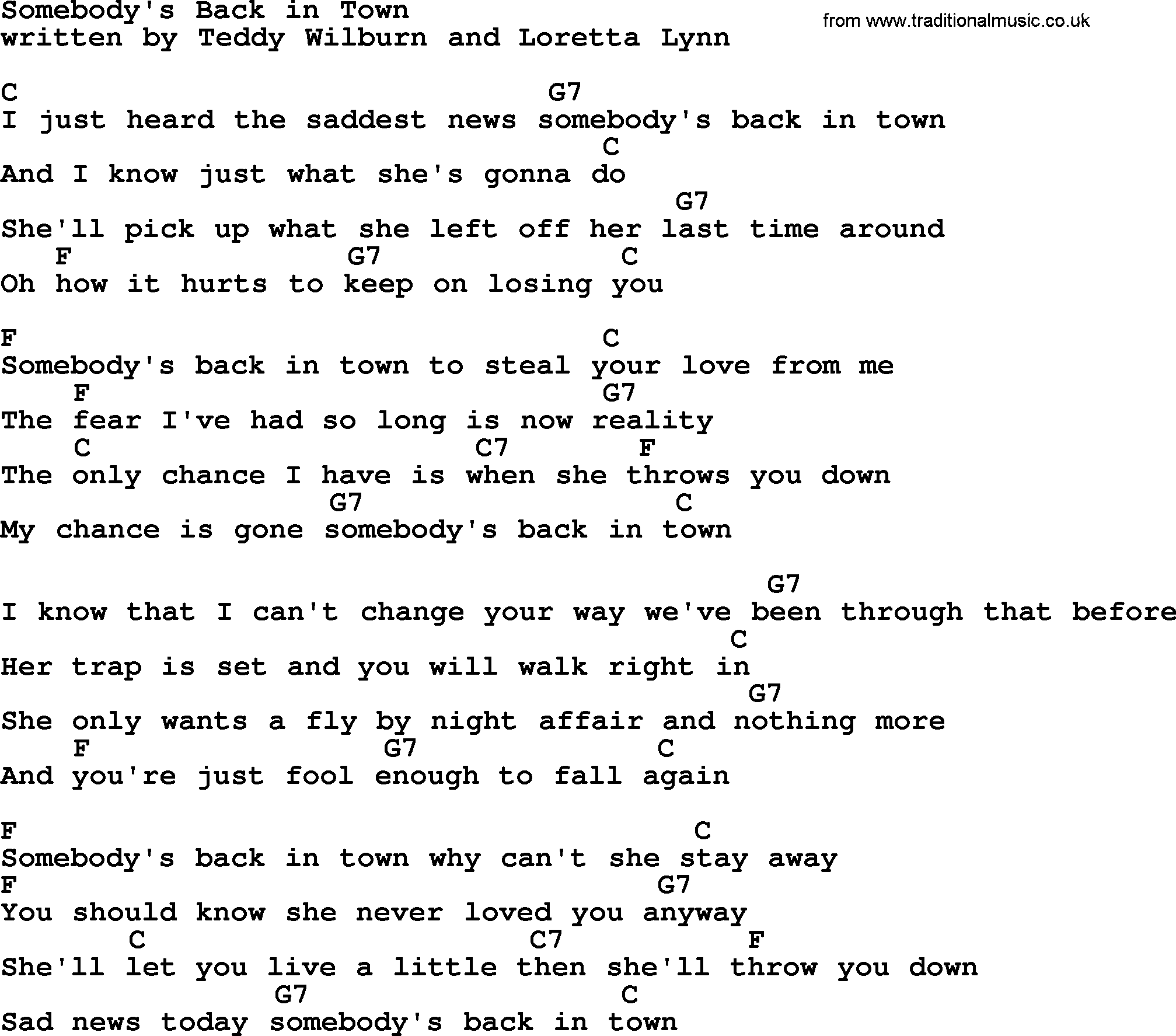 Loretta Lynn song: Somebody's Back In Town lyrics and chords