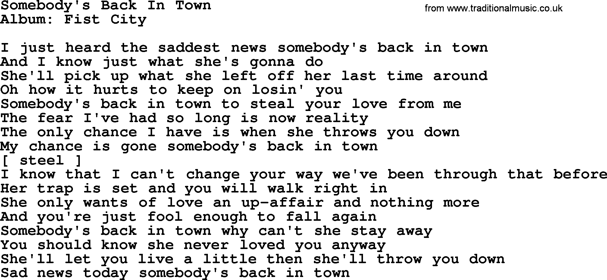 Loretta Lynn song: Somebody's Back In Town lyrics
