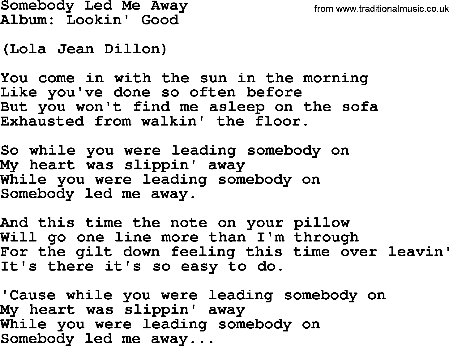 Loretta Lynn song: Somebody Led Me Away lyrics