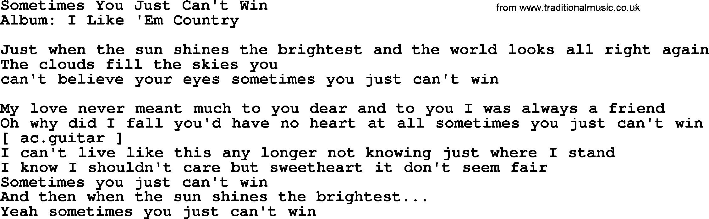 Loretta Lynn song: Sometimes You Just Can't Win lyrics