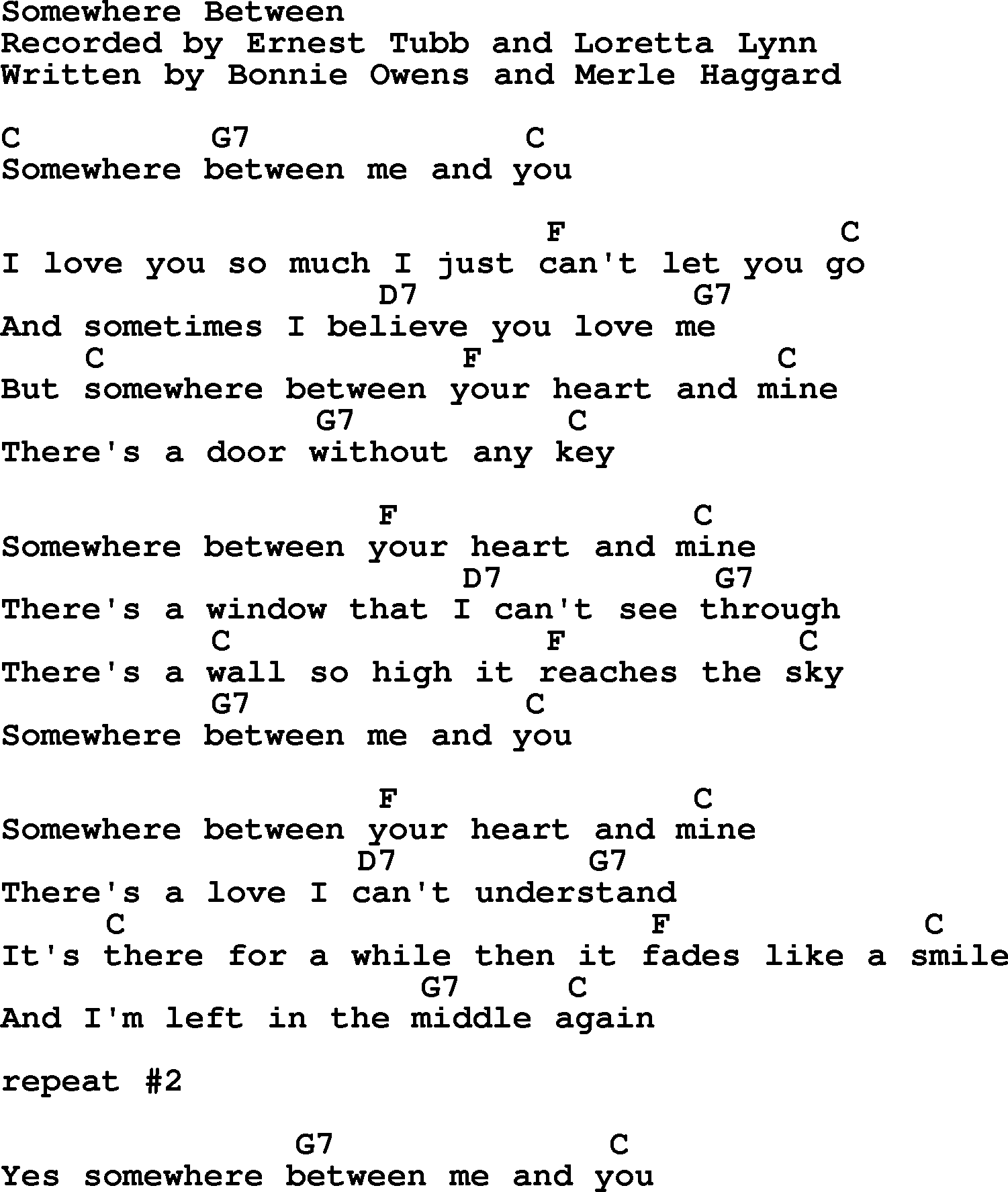 Loretta Lynn song: Somewhere Between lyrics and chords