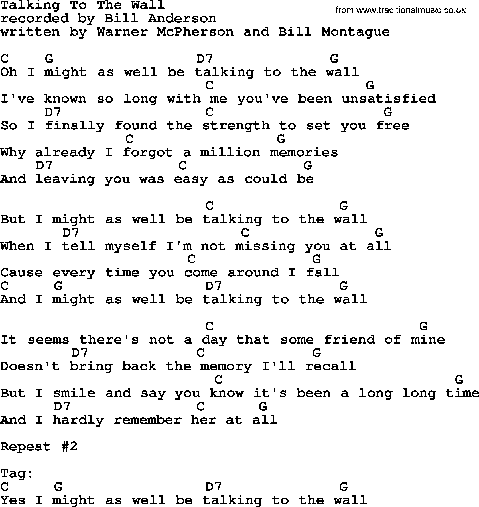 Loretta Lynn song: Talking To The Wall lyrics and chords