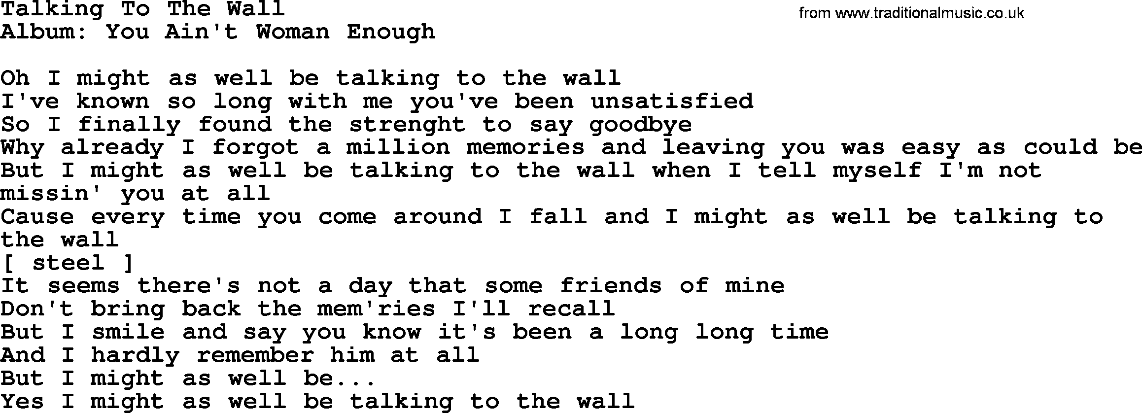Loretta Lynn song: Talking To The Wall lyrics