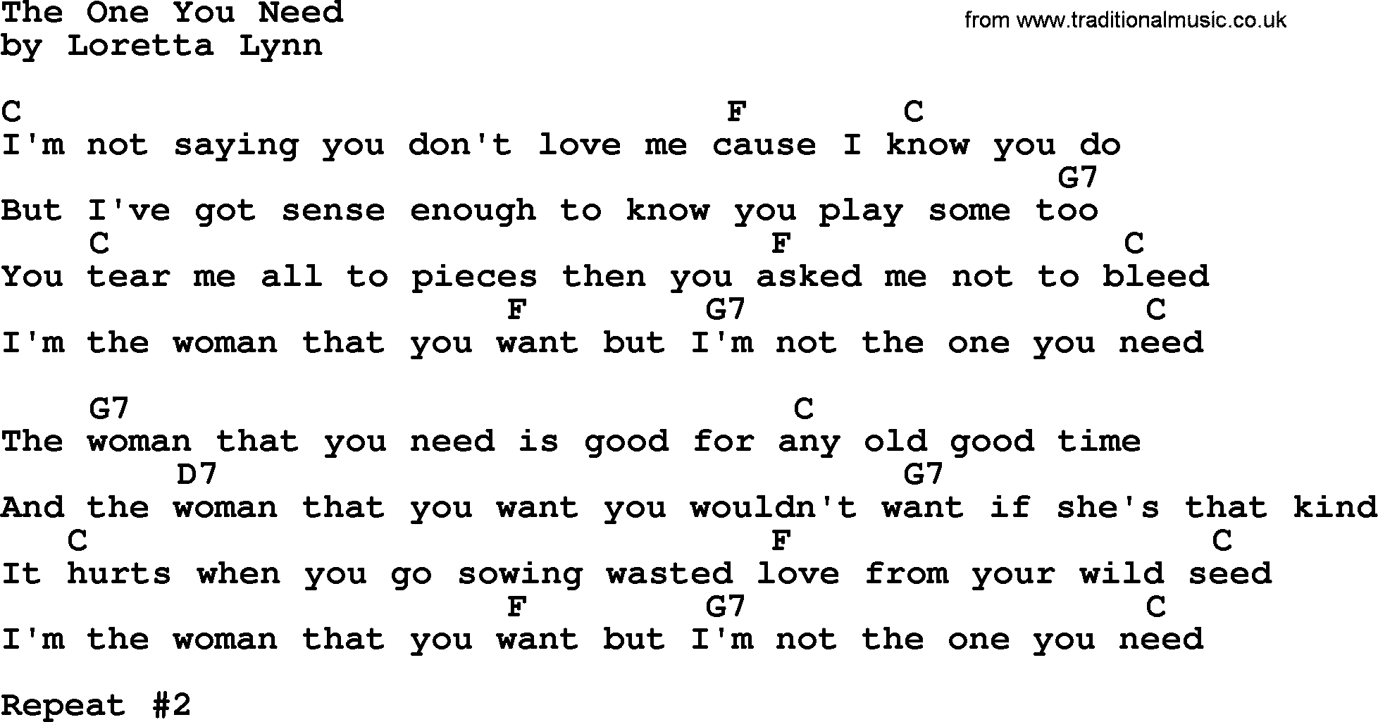Loretta Lynn song: The One You Need lyrics and chords