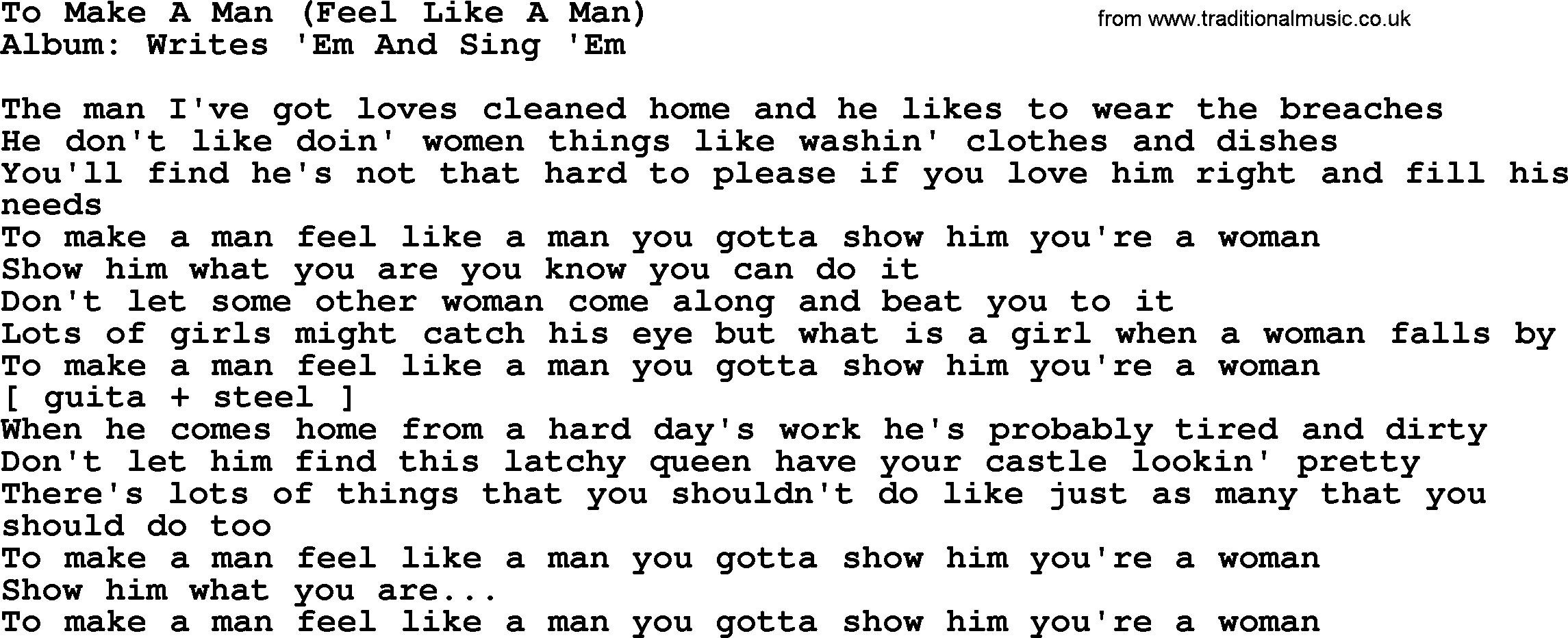 Loretta Lynn song: To Make A Man (Feel Like A Man) lyrics