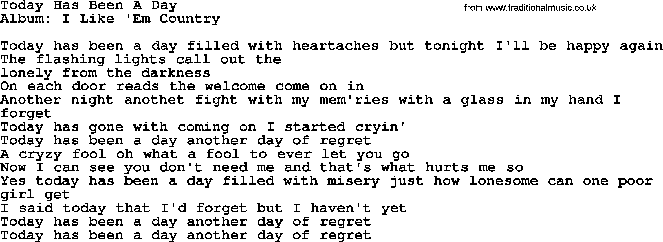 Loretta Lynn song: Today Has Been A Day lyrics