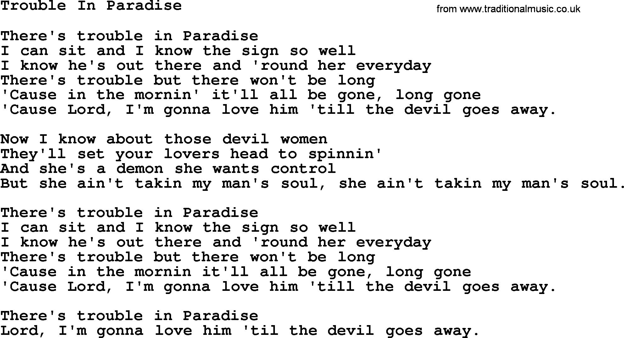 Loretta Lynn song: Trouble In Paradise lyrics