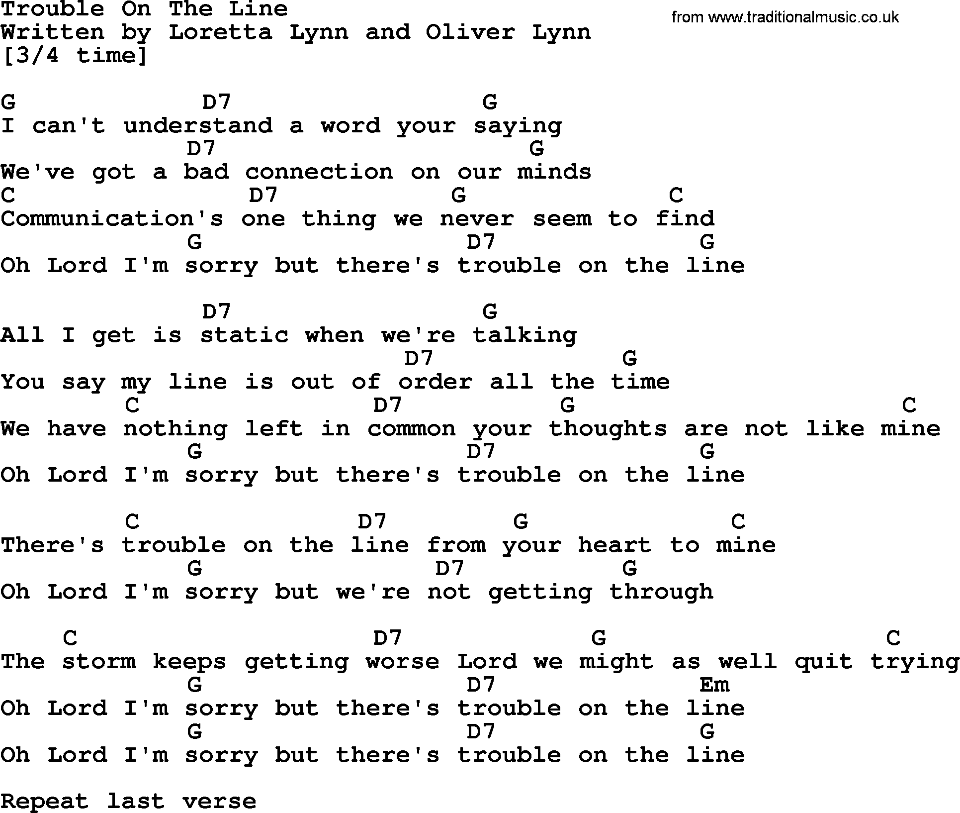 Loretta Lynn song: Trouble On The Line lyrics and chords