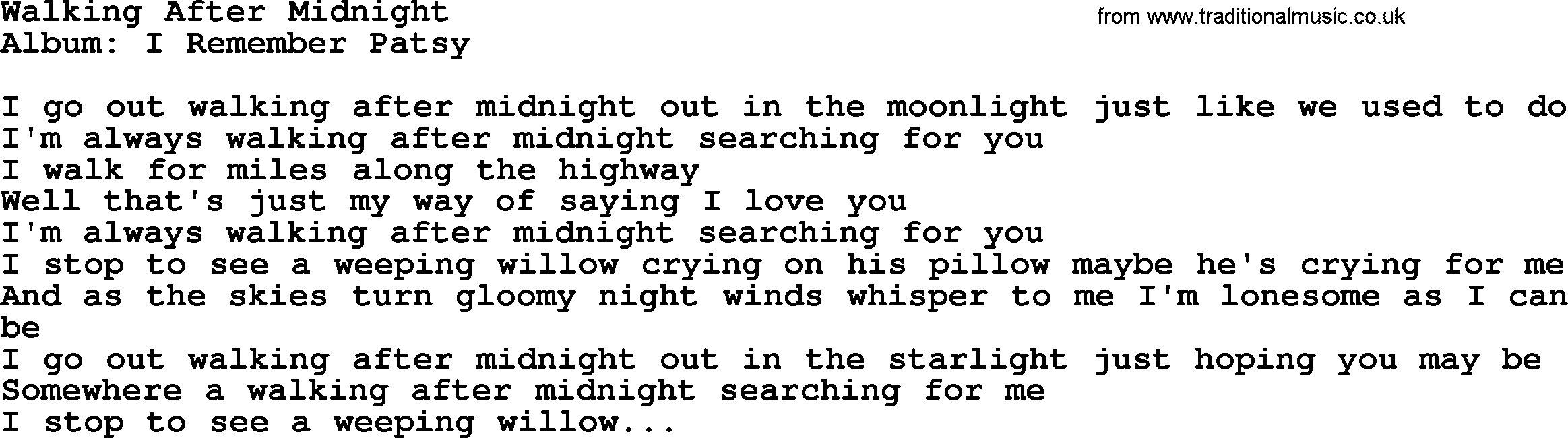Loretta Lynn song: Walking After Midnight lyrics