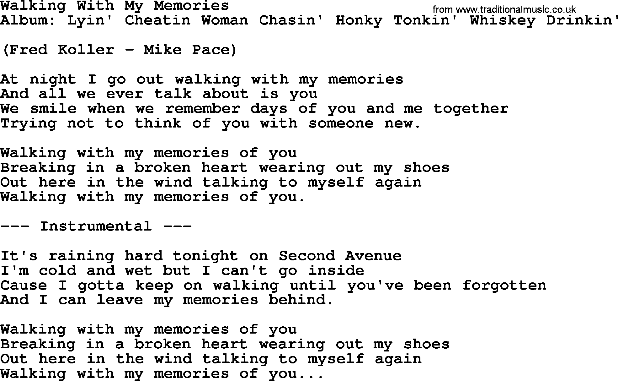 Loretta Lynn song: Walking With My Memories lyrics