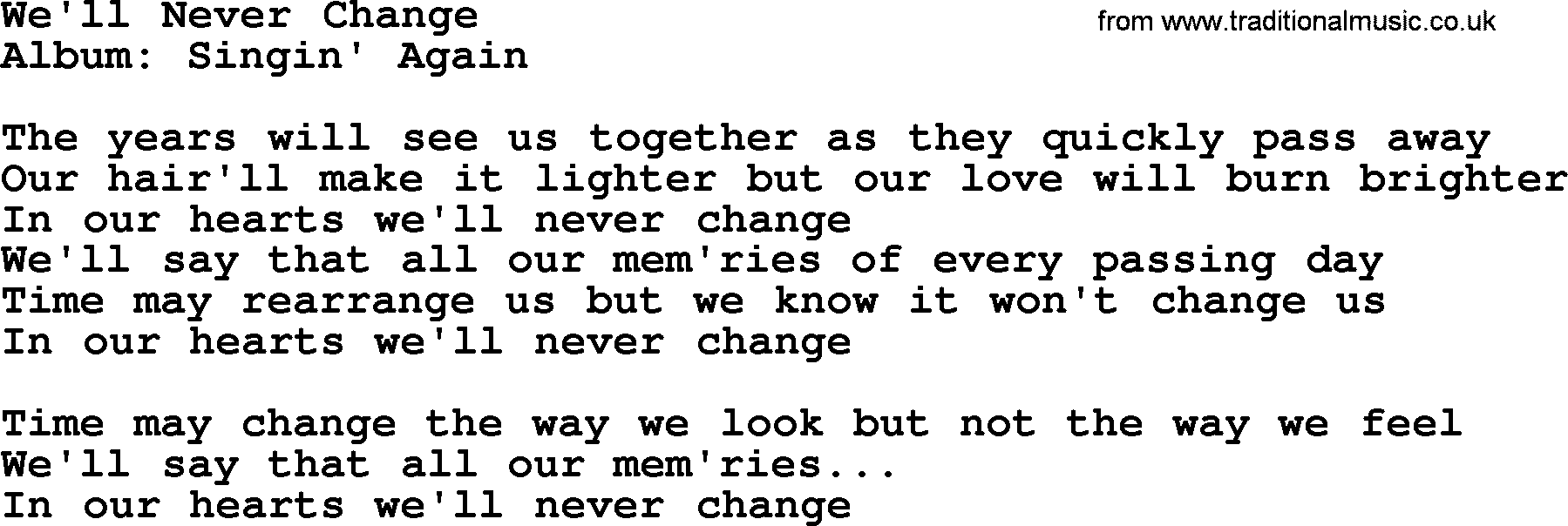 Loretta Lynn song: We'll Never Change lyrics