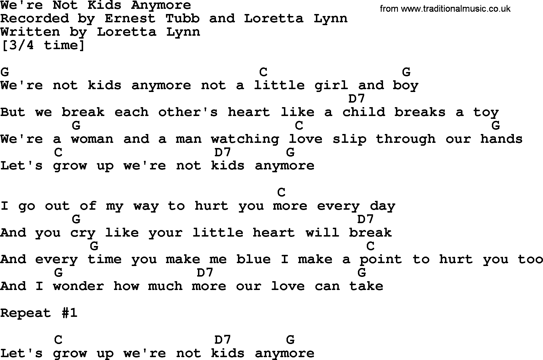 Loretta Lynn song: We're Not Kids Anymore lyrics and chords