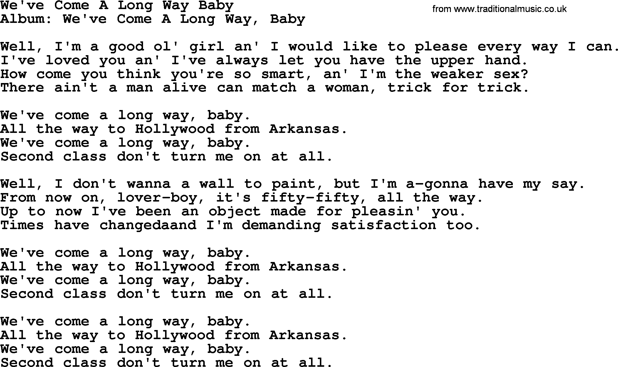Loretta Lynn song: We've Come A Long Way Baby lyrics