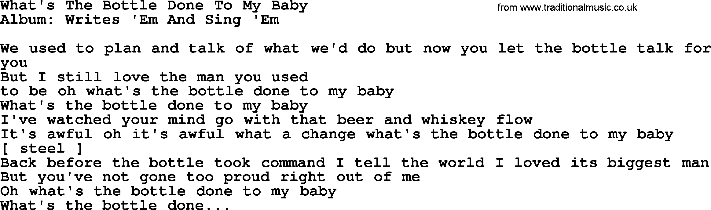 Loretta Lynn song: What's The Bottle Done To My Baby lyrics