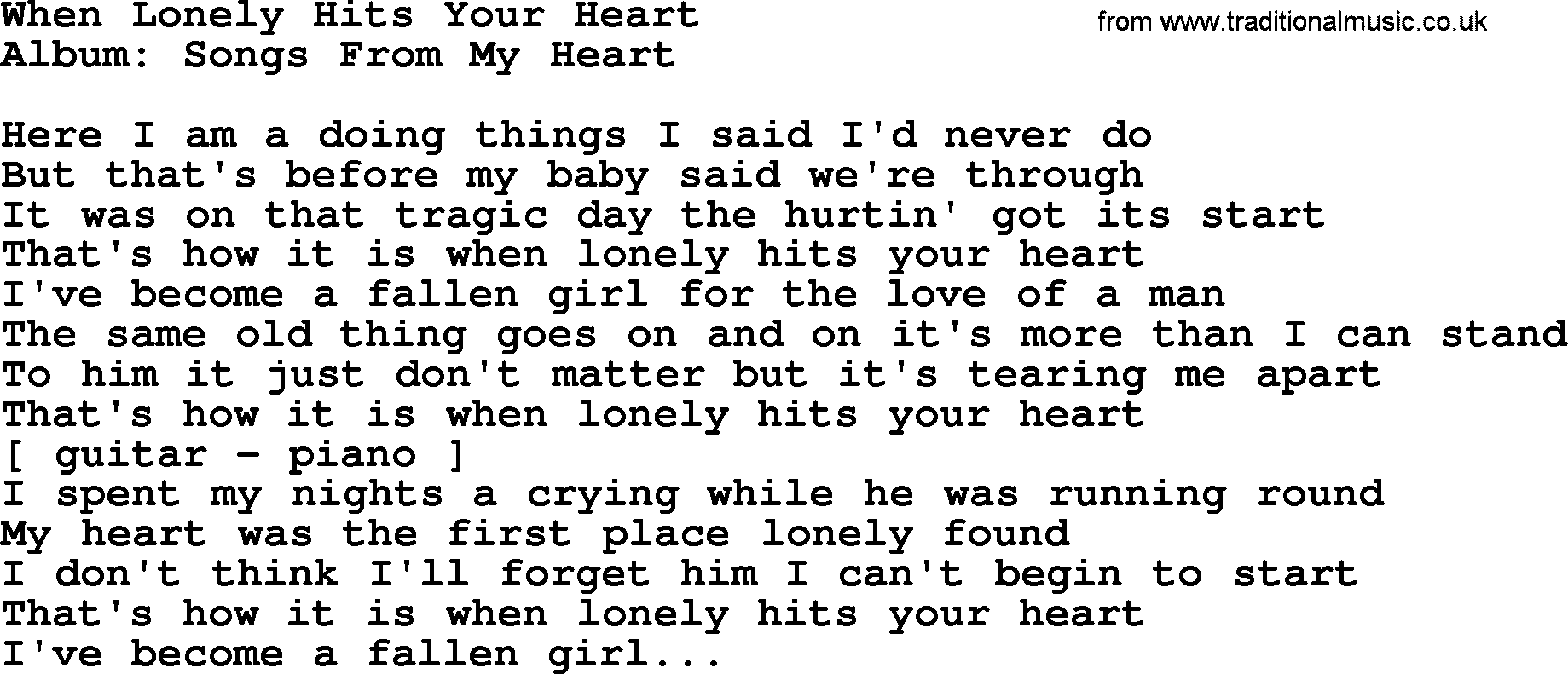 Loretta Lynn song: When Lonely Hits Your Heart lyrics
