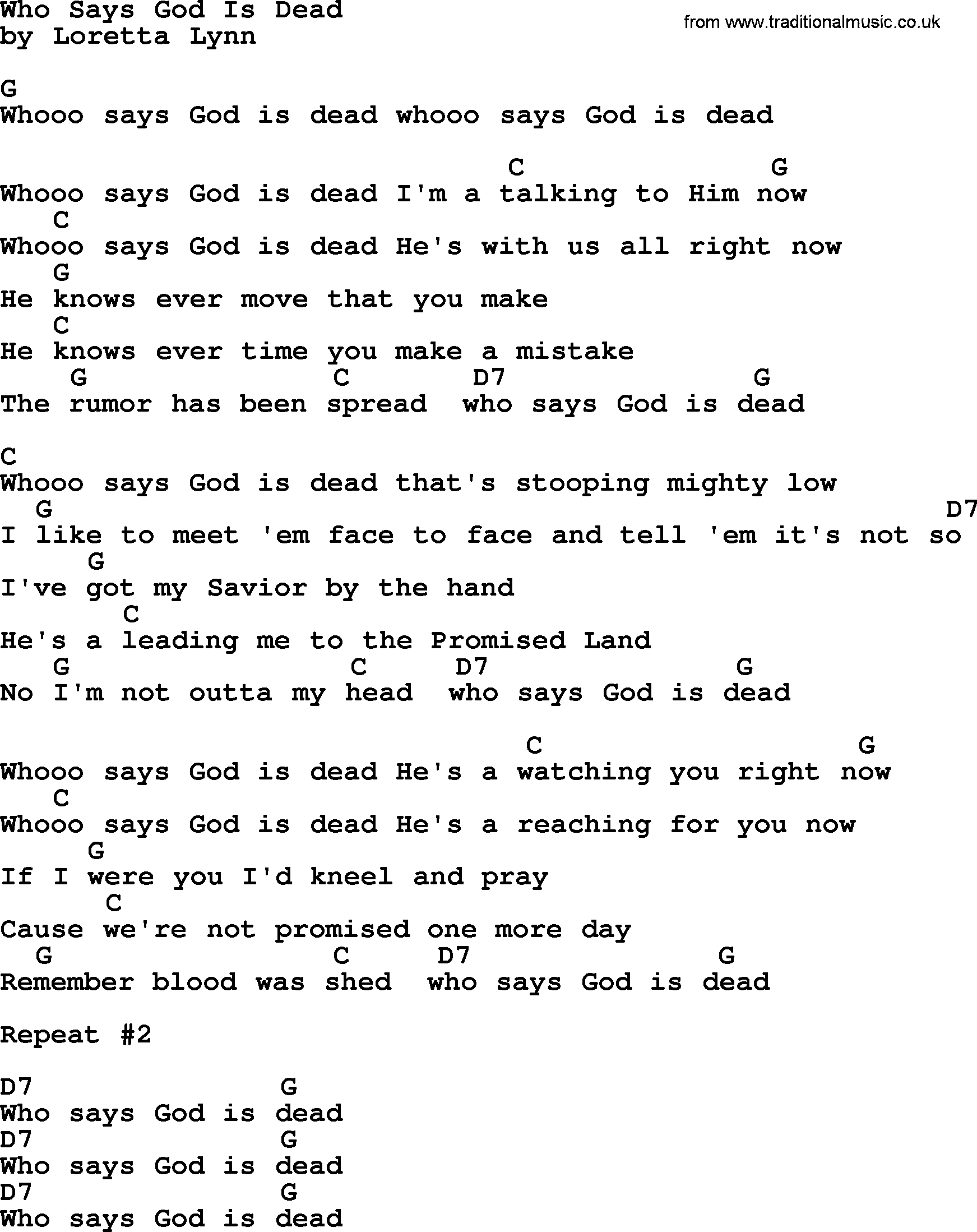Loretta Lynn song: Who Says God Is Dead lyrics and chords