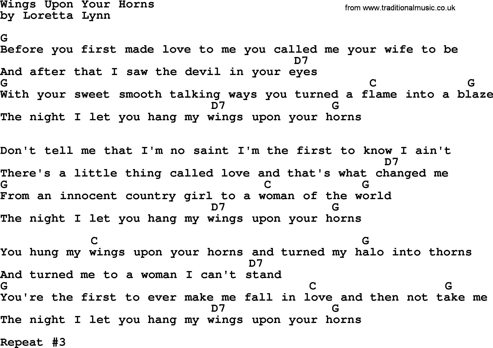 Loretta Lynn song: Wings Upon Your Horns lyrics and chords